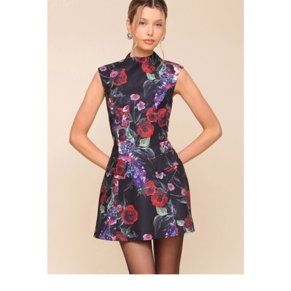 Avec Les Filles Dark Floral Fit & Flare Mini Dress Red Black 2 / XS